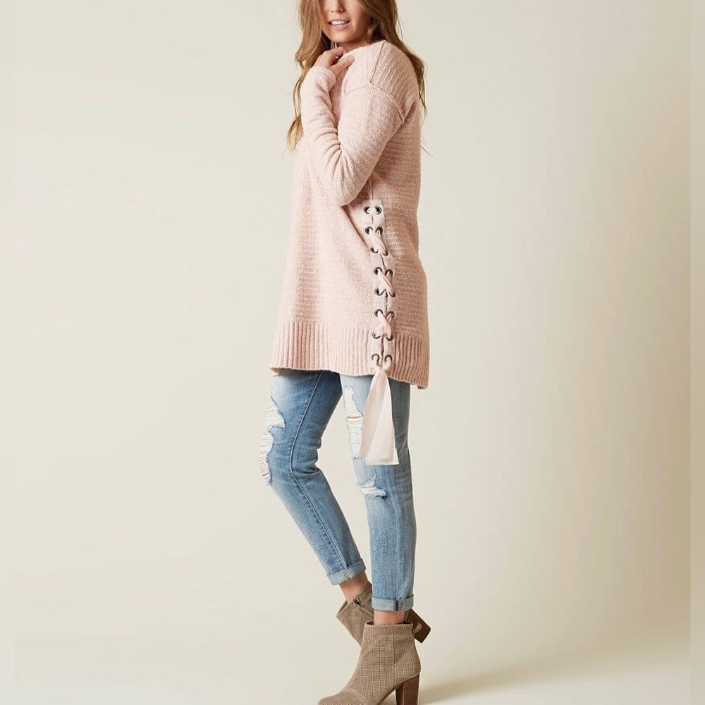 Free People | Heart It Lace Up Oversized Sweater - Deep V-Neckline - Boho Chic